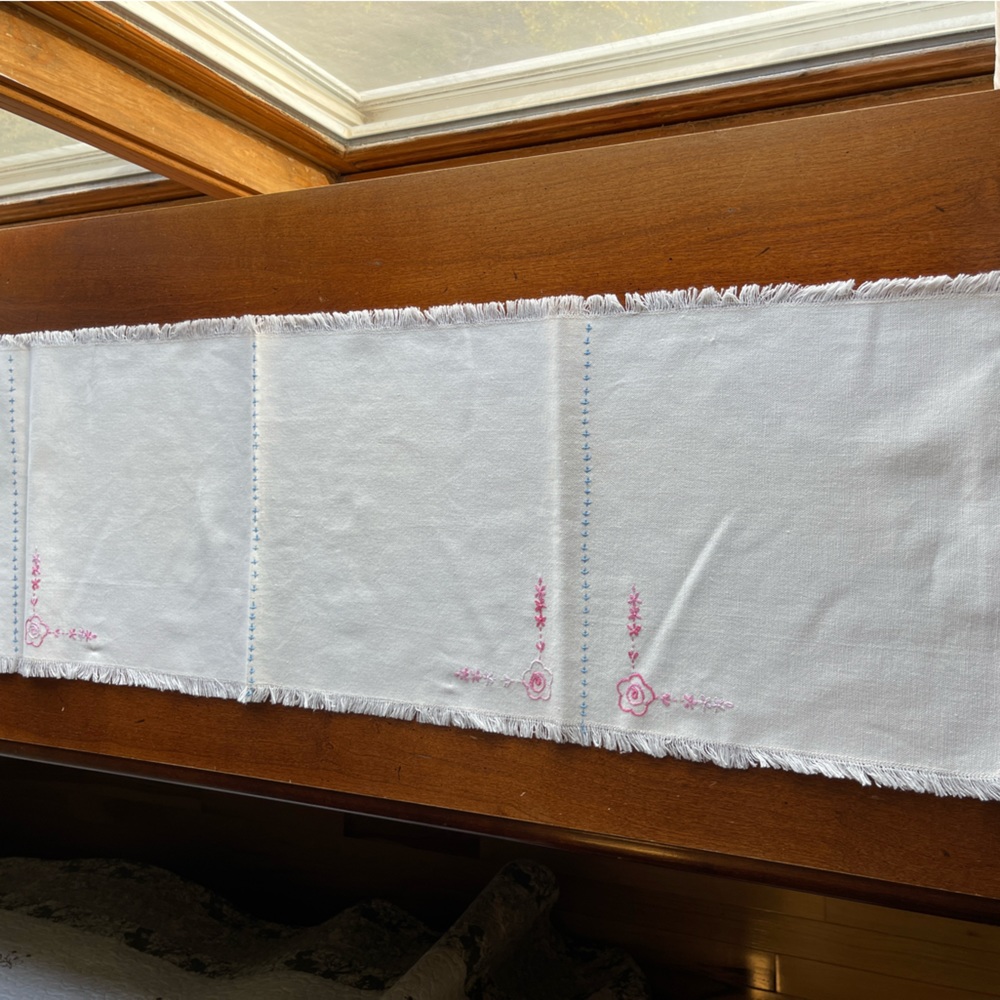 Table Runner Dresser Scarf Pink Floral Blue Embroidered Fringed Edge 42.4” X 12”
